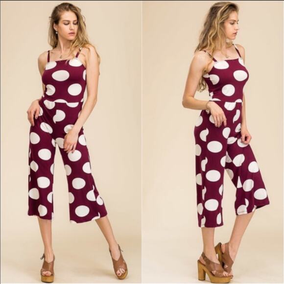 Capella Burgundy Polka Dot Cropped Leg Jumpsuit Size Medium - Picture 1 of 10